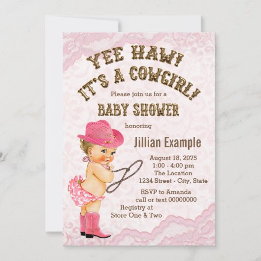 Invitation Baby shower cowgirl en dentelle rose (Devant)
