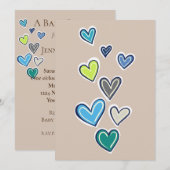 Invitation Baby shower Cream Blue Green Hearts (Devant / Derrière)