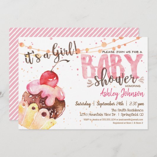 Invitation Baby shower Cupcake, c'est une fille (Devant / Derrière)