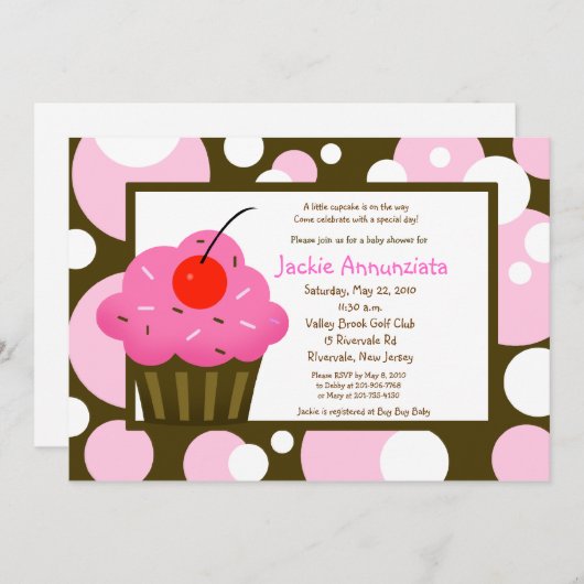 Invitation Baby shower Cupcake moderne Dot rose chocolat (Devant / Derrière)
