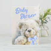 Invitation Baby Shower Cute Bear Blue Ribbon (Debout devant)