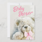 Invitation Baby Shower Cute Bear Pink Ribbon (Devant)