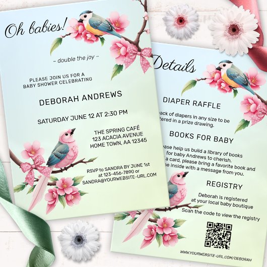 Invitation Baby shower Cute Birds Bow Twins
