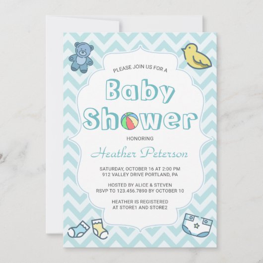 Invitation Baby shower Cute Blue Chevron (Devant)