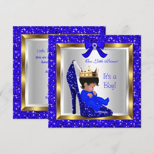Invitation Baby shower Cute Boy Prince Royal Blue Chaussure 3 (Devant / Derrière)