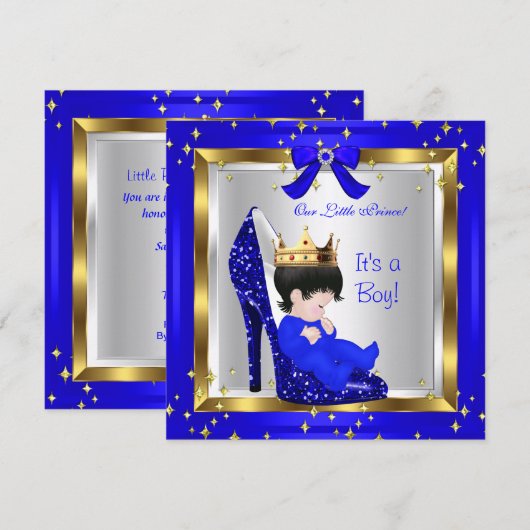Invitation Baby shower Cute Boy Prince Royal Blue Chaussure 6 (Devant / Derrière)
