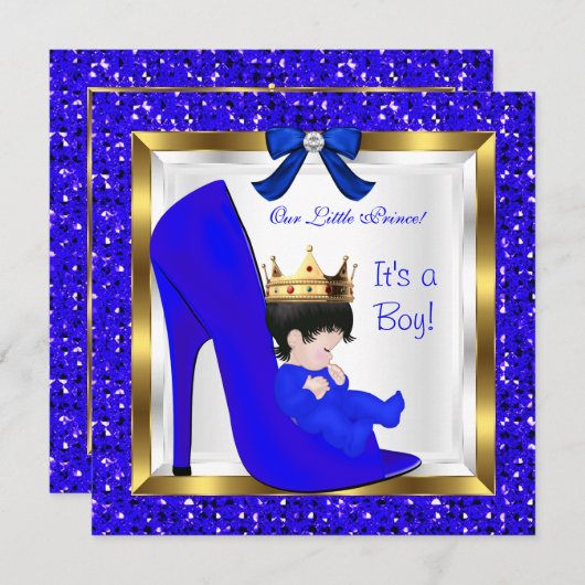 Invitation Baby shower Cute Boy Prince Royal Blue Crown (Devant / Derrière)