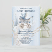 Invitation Baby shower Cute Classic Stroller Bleu Floral (Debout devant)