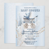 Invitation Baby shower Cute Classic Stroller Bleu Floral (Devant / Derrière)