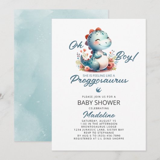 Invitation Baby shower Cute Dinosaur Preggosaurus (Devant / Derrière)