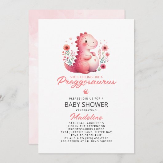Invitation Baby shower Cute Dinosaur Preggosaurus (Devant / Derrière)