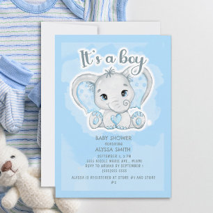 Invitation Baby Shower Cute Éléphant Bleu Petit Garçon