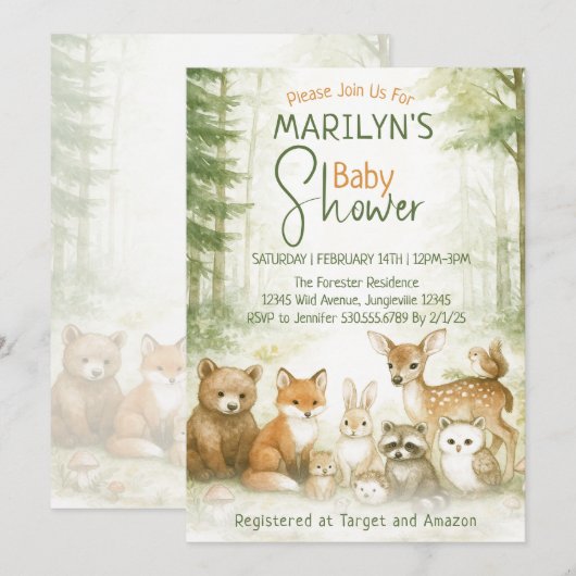 Invitation Baby Shower Cute Woodland Baby Animals (Devant / Derrière)