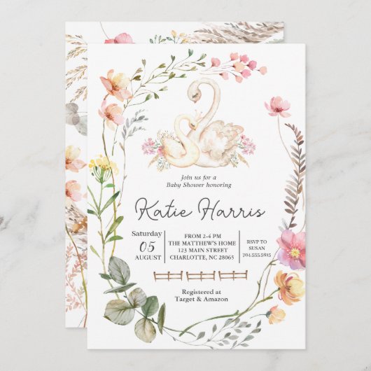 Invitation Baby shower cygne, invitation cygne (Devant / Derrière)