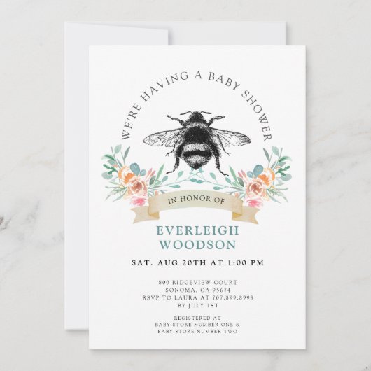 Invitation Baby shower d'abeille rose florale (Devant)