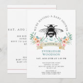 Invitation Baby shower d'abeille rose florale (Devant / Derrière)