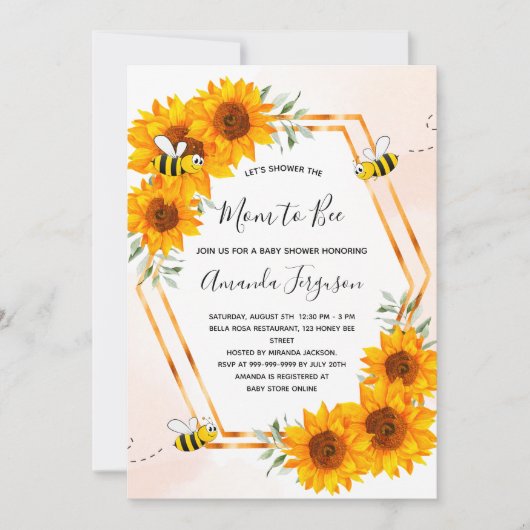 Invitation Baby shower d'abeille tournesol rose blanche or (Devant)