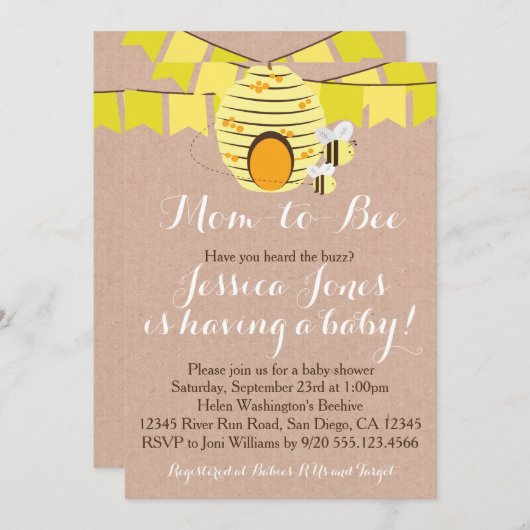Invitation Baby shower d'abeilles (Devant / Derrière)