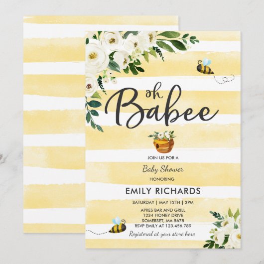 Invitation Baby shower d'abeilles Douche Florale p (Devant / Derrière)
