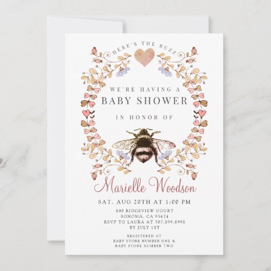 Invitation Baby shower d'abeilles du coeur rose (Devant)