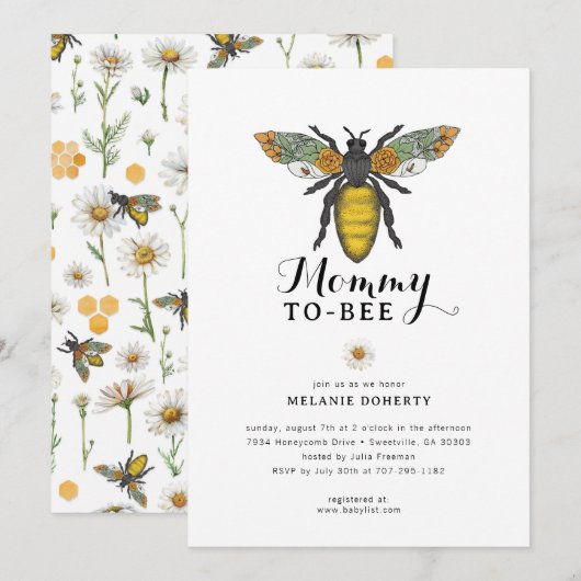 Invitation Baby shower d'abeilles | Fleur sauvage  (Devant / Derrière)