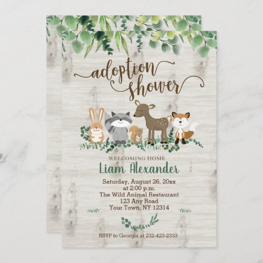 Invitation Baby shower d'adoption Animaux des bois (Devant / Derrière)