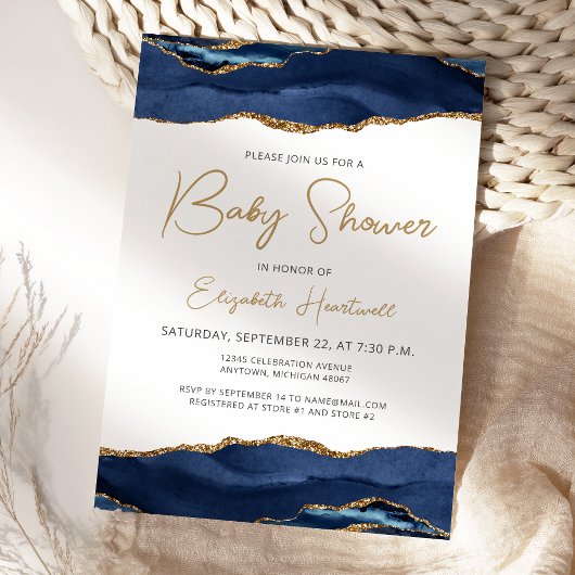 Invitation Baby shower d'agate bleu marine