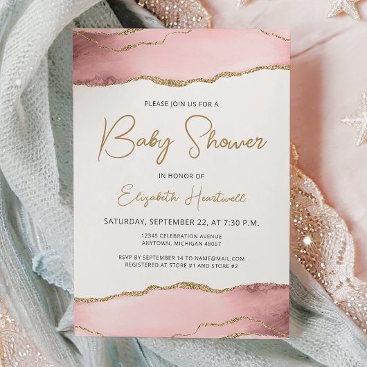 Invitation Baby shower d'agate rose or