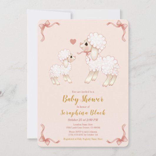 Invitation Baby shower d'agneau rose doux (Devant)