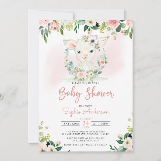 Invitation Baby shower d'agneau rose floral (Devant)