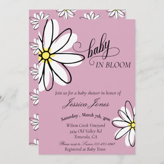 Invitation Baby shower Daisy Doodle Baby in Bloom (Devant / Derrière)