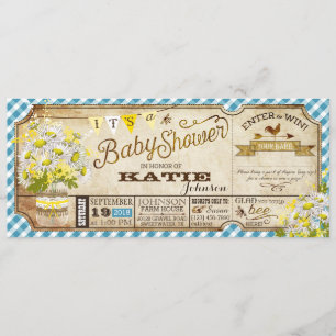 Invitation Baby shower Daisy Picnic Blue En vichy Check