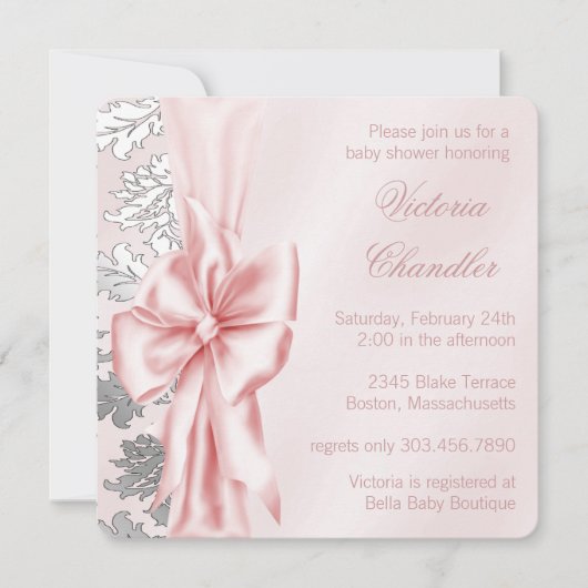Invitation Baby shower Damas rose et gris (Devant)