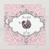 Invitation Baby shower Damas rose et gris (Devant / Derrière)