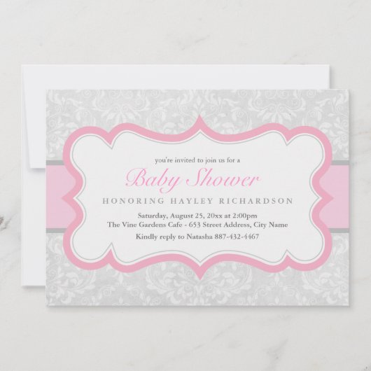 Invitation Baby shower Damas rose et gris élégant (Devant)