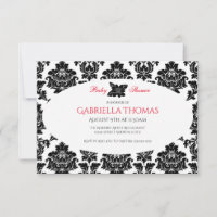 Invitation Baby Shower - Damassé Noir & Fleur - 3x
