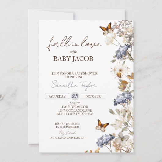 Invitation Baby shower d'amour, Feuillage d'automne, Bleu (Devant)