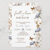 Invitation Baby shower d'amour, Feuillage d'automne, Bleu (Devant / Derrière)