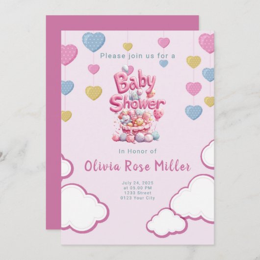 Invitation Baby shower d'amour rose (Devant / Derrière)