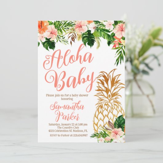 Invitation Baby shower d'ananas à Aloha floral tropical (Debout devant)