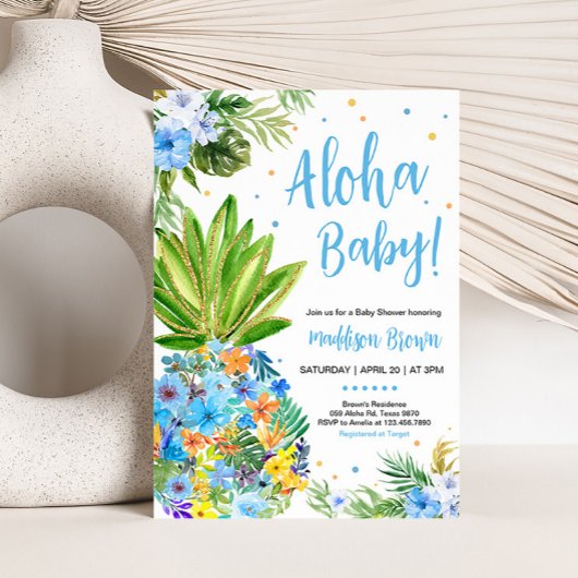 Invitation Baby shower d'ananas bleu floral