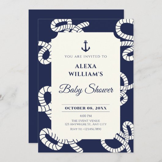 Invitation Baby shower d'ancre bleu marine (Devant / Derrière)
