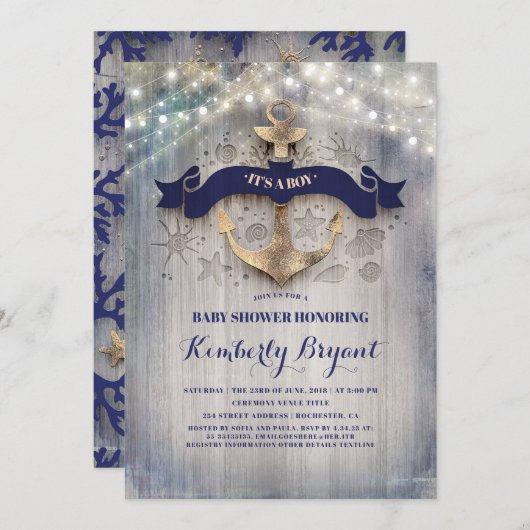 Invitation Baby shower d'Ancre dorée côtière (Devant / Derrière)