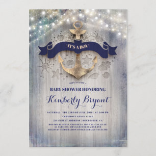 Invitation Baby shower d'Ancre dorée côtière