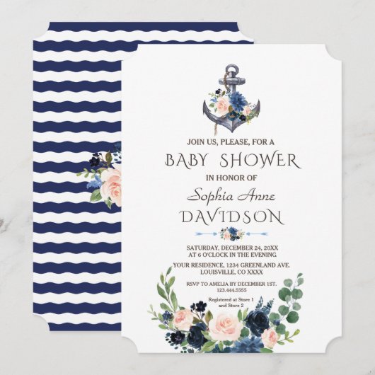 Invitation Baby shower d'Ancre floral bleu rose marine (Devant / Derrière)