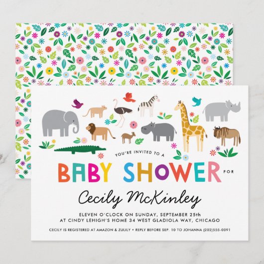 Invitation Baby shower d'animaux africains (Devant / Derrière)