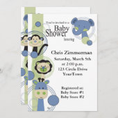 Invitation Baby shower d'animaux bleus et verts pour les garç (Devant / Derrière)