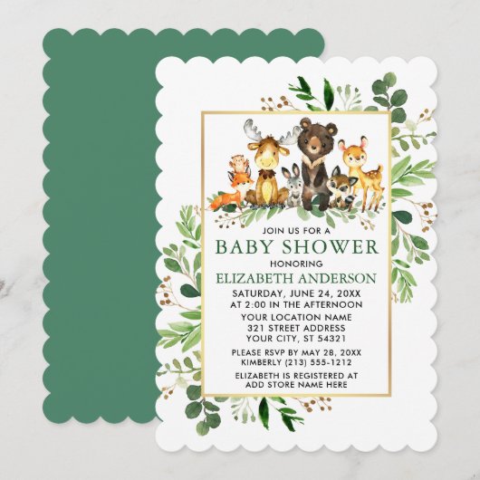Invitation Baby shower d'animaux de bois à cadre doré vert (Devant / Derrière)