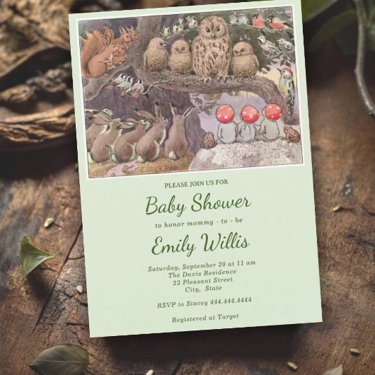 Invitation Baby shower d'animaux de bois de champignons migno