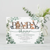 Invitation Baby shower d'animaux de bois de verdure rustique (Debout devant)